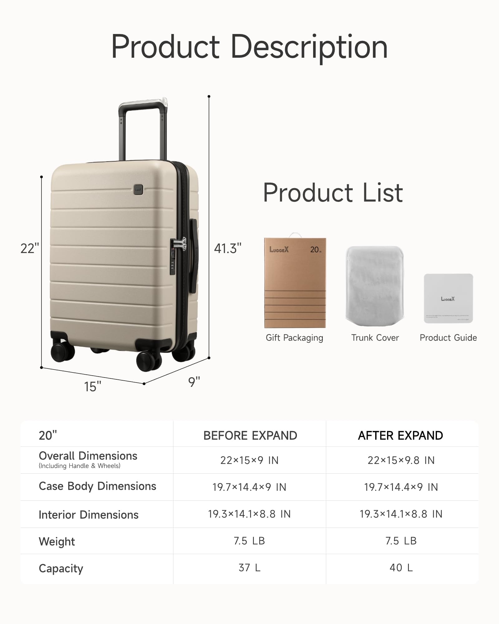 LUGGEX Carry On Luggage 22x14x9 Airline Approved,HUP3 Accelerate Access with DiHook, Handy Pouch, 20 inch Expandable Hard Shell Suitcases with Spinner Wheels (EX-Enhance,Sand Dune,20 Inch,37L-41L)