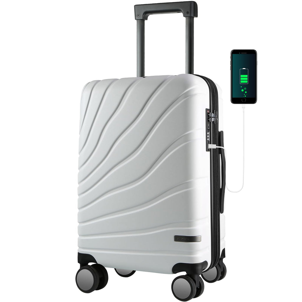 VANKEAN Carry On Luggage with Spinner Wheels & TSA Lock, Expandable Fashionable Hard Shell Suitcase airline approved，20 Inch Carry-On，White