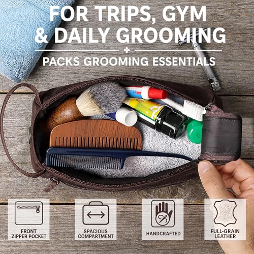 RUSTIC TOWN Leather Toiletry Bag – Stylish & Durable Ditty Kit with Water Resistant Lining – Travel Shaving Kit Organizer for Bathroom & Overnight Trips - Great Gift for Men & Women