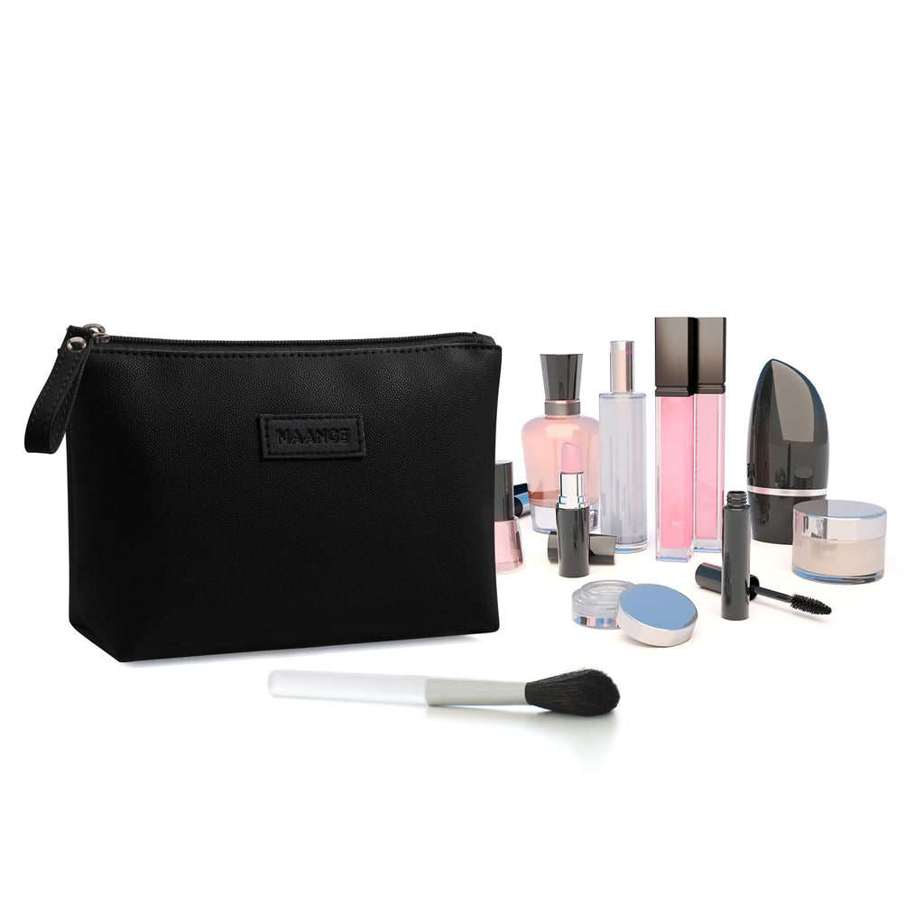 MAANGE Cosmetic Bags for Women Small Makeup Bag for Purse Pu Leather Makeup Pouch Travel Makeup Bag with Zipper Make Up Bag for Travelling (Black)
