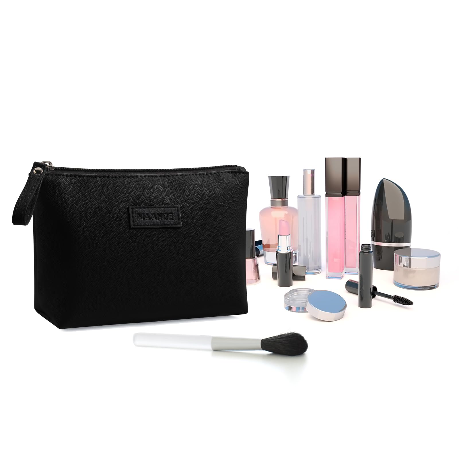 MAANGE Cosmetic Bags for Women Small Makeup Bag for Purse Pu Leather Makeup Pouch Travel Makeup Bag with Zipper Make Up Bag for Travelling (Black)