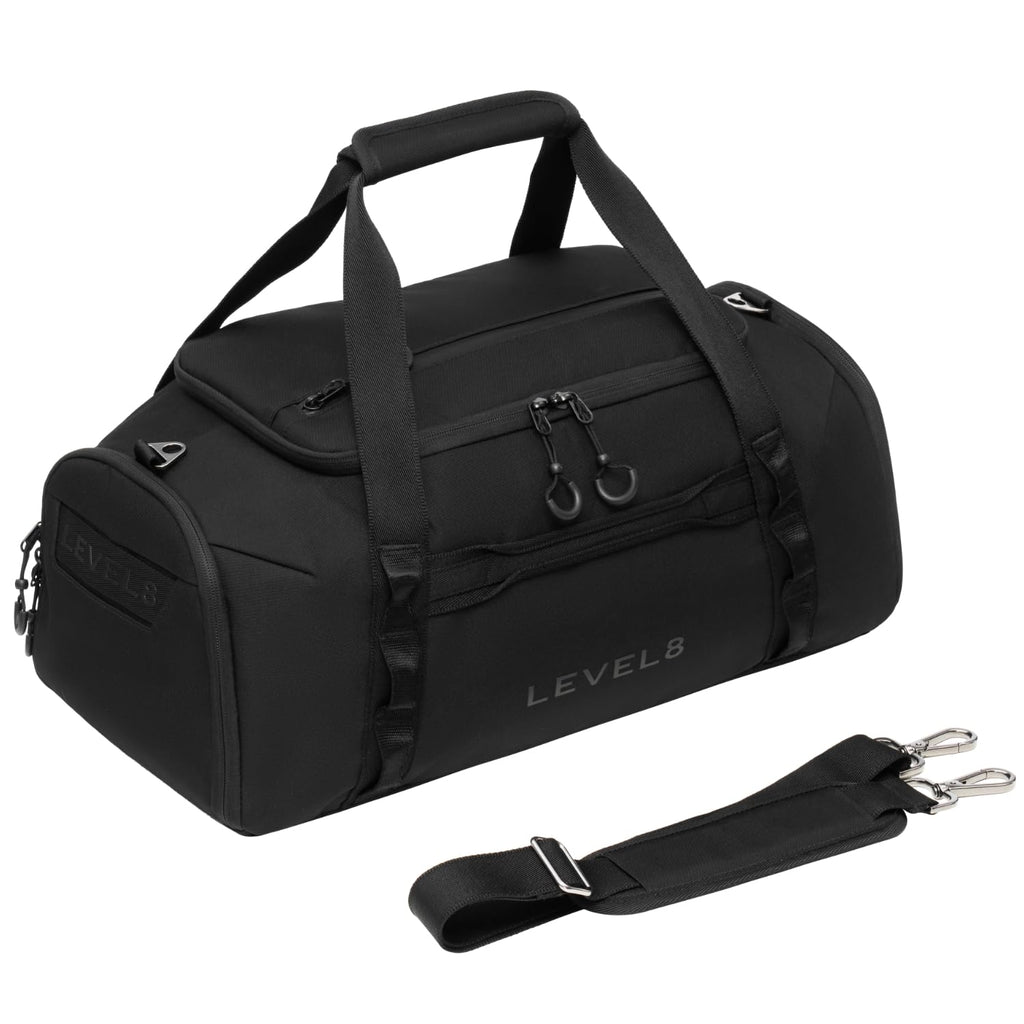 LEVEL8 Travel Duffle Bag Carry on Airline Approved, Water Resistant Sport Duffle, Weekender Bag for Men and Women, Black, 30L