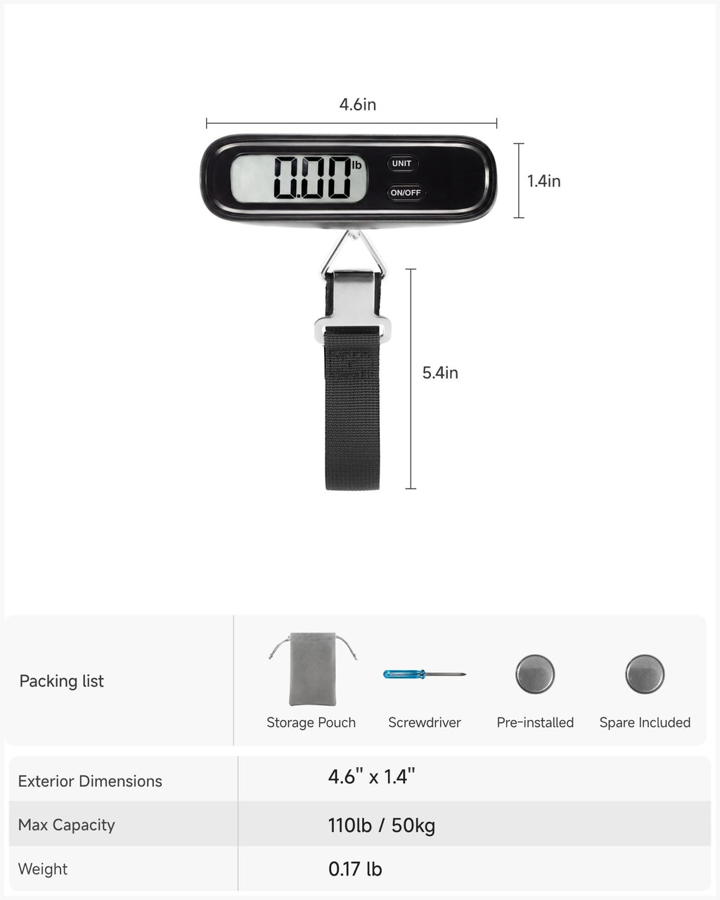 LUGGEX Luggage Weight Scale, Suitcase Scale, Luggage Scale Travel Digital, Travel Scale with Large LCD Display, Portable & Battery Included (Black, 1 Pack)