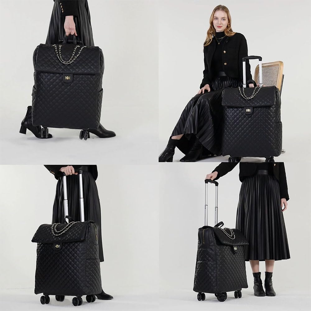 VH&GRED Luxury Carry on Luggage for Women Designer Underseat Carry On Luggage with Wheels Diamond Quilted Leather Carry On Luggage Vintage Style Suitcases with Wheels