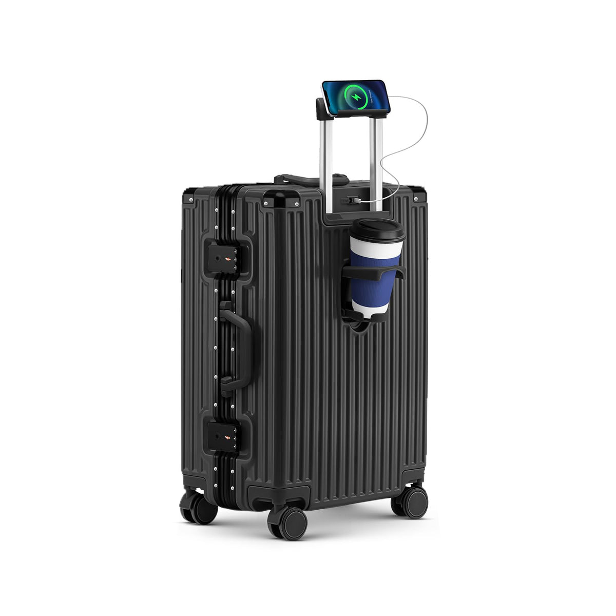 Faqy Z 20 Inch Carry On Suitcase, Aluminum Frame Zipperless Hard Shell Luggage with Spinner Wheels, TSA Lock, USB Charging Port, Phone Holder, Cup Holder for Business Travel and Trips, Black