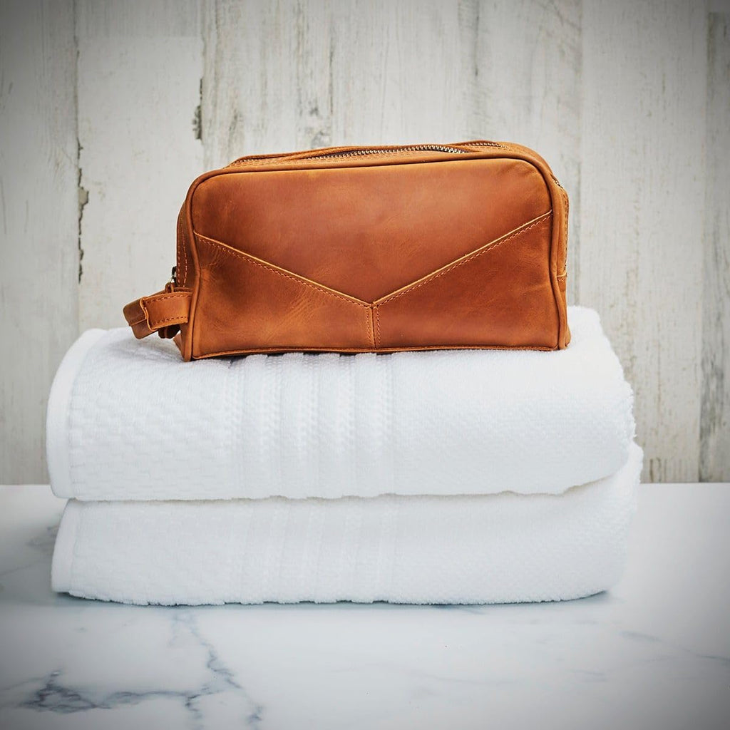 HomeWetBar Beckham Toiletry Bag for Men - Monogrammed Multi-Pocket Saddle Bag, Brown Hanging Dopp Kit