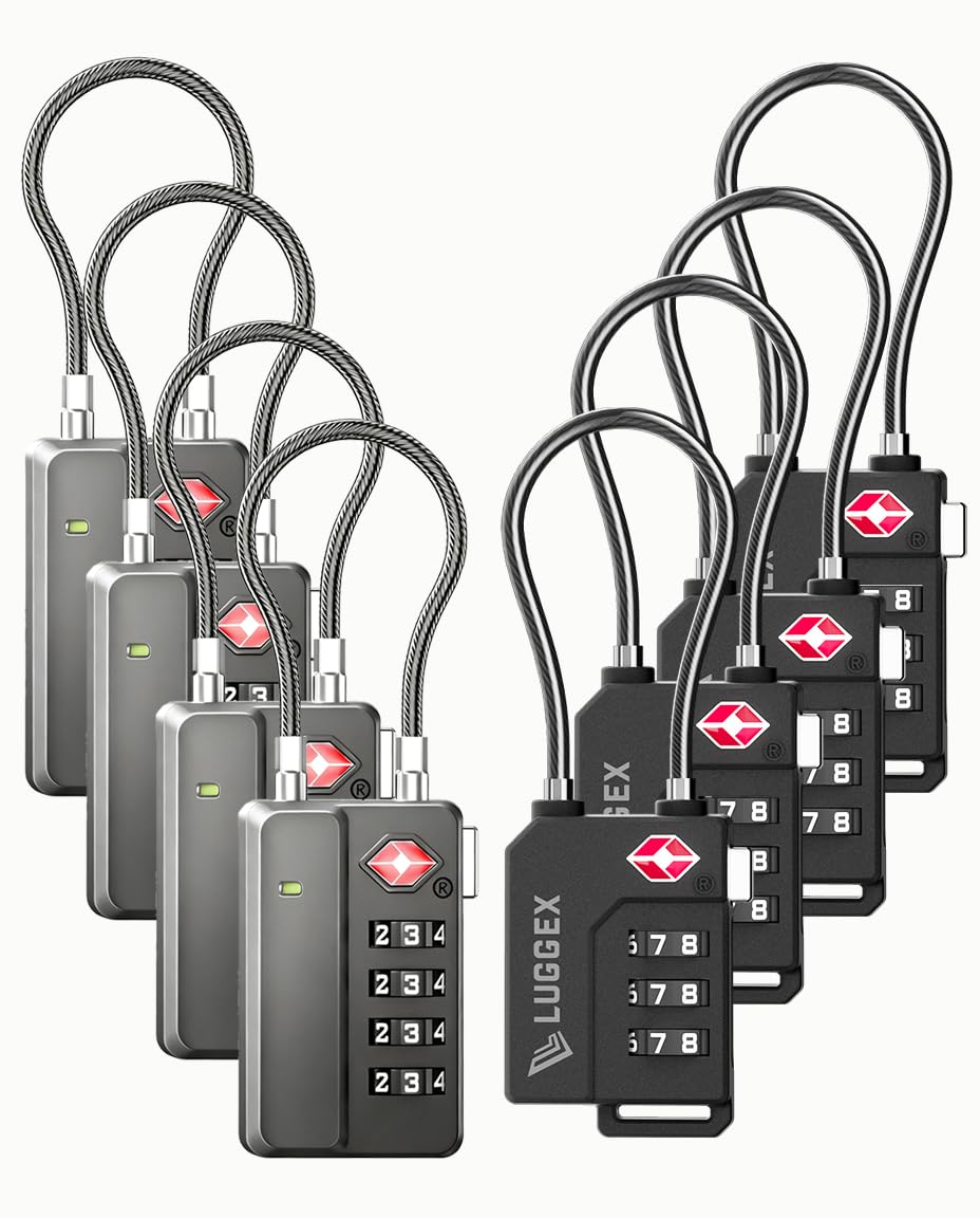 LUGGEX TSA Cable Lock 4-Pack + One-Touch Reset Lock 4-Pack Bundle(Gun Grey & Black)