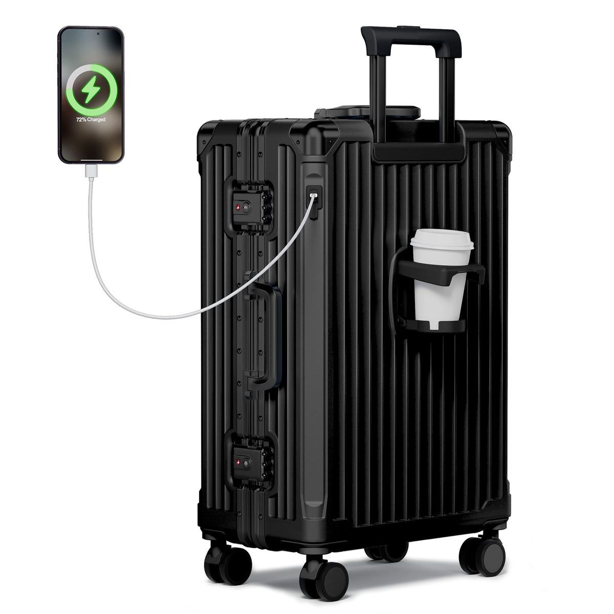 Krute Zipperless Luggage with Spinner Wheels Checked Aluminum Frame Luggage PC Hard Shell Suitcase with Charger and Cup Holder TSA Lock No Zipper 24 Inch Suitcases