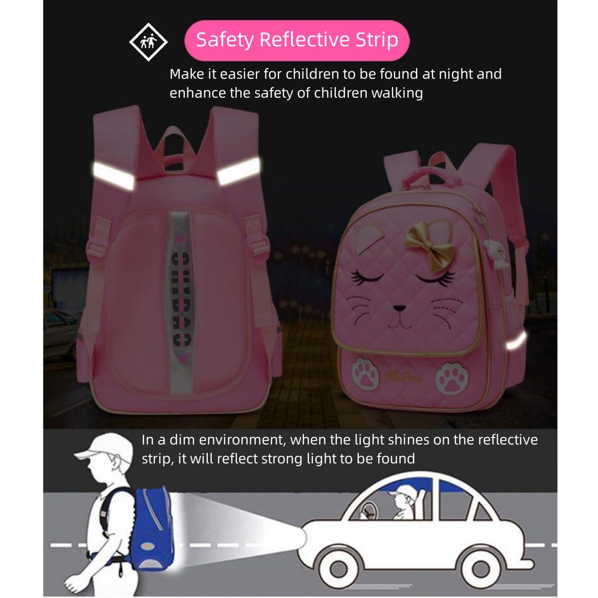 MITOWERMI Cute Rolling Backpack for Girls Trolley School Bags Cat-face Bowknot Girls Roller Backpacks with Wheels Kids Carry-on Travel Luggage Pink-2 Wheels