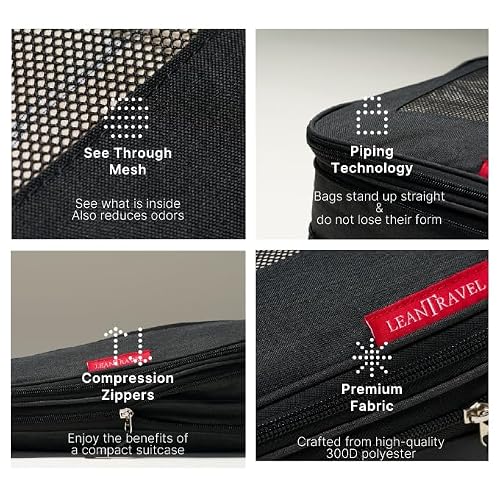 LeanTravel Premium Compression Packing Cubes for Travel - Suitcase Organizer Bags with Double Zipper & Breathable Mesh Panel - Space Saving Carry On Luggage Essentials (6-Pack Black)
