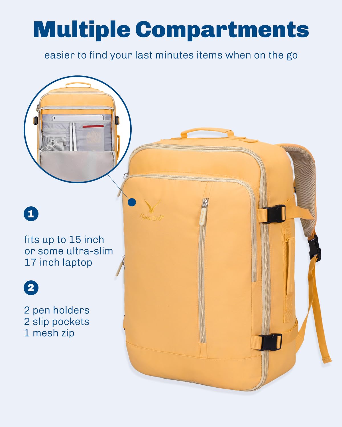 Hynes Eagle Carry on Backpack 38L Large Travel Backpack for Women Flight Approved Weekender Bag Laptop Backpack Men 15 inches Yellow