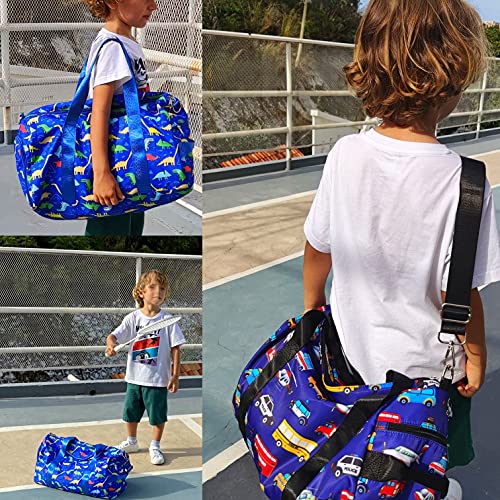 CAMTOP Kids Duffel Overnight Bag Boys Girls Toddler Weekender Carry-On Personalized Tote for Travel Gym Sport (Dinosaur-Dark Blue)