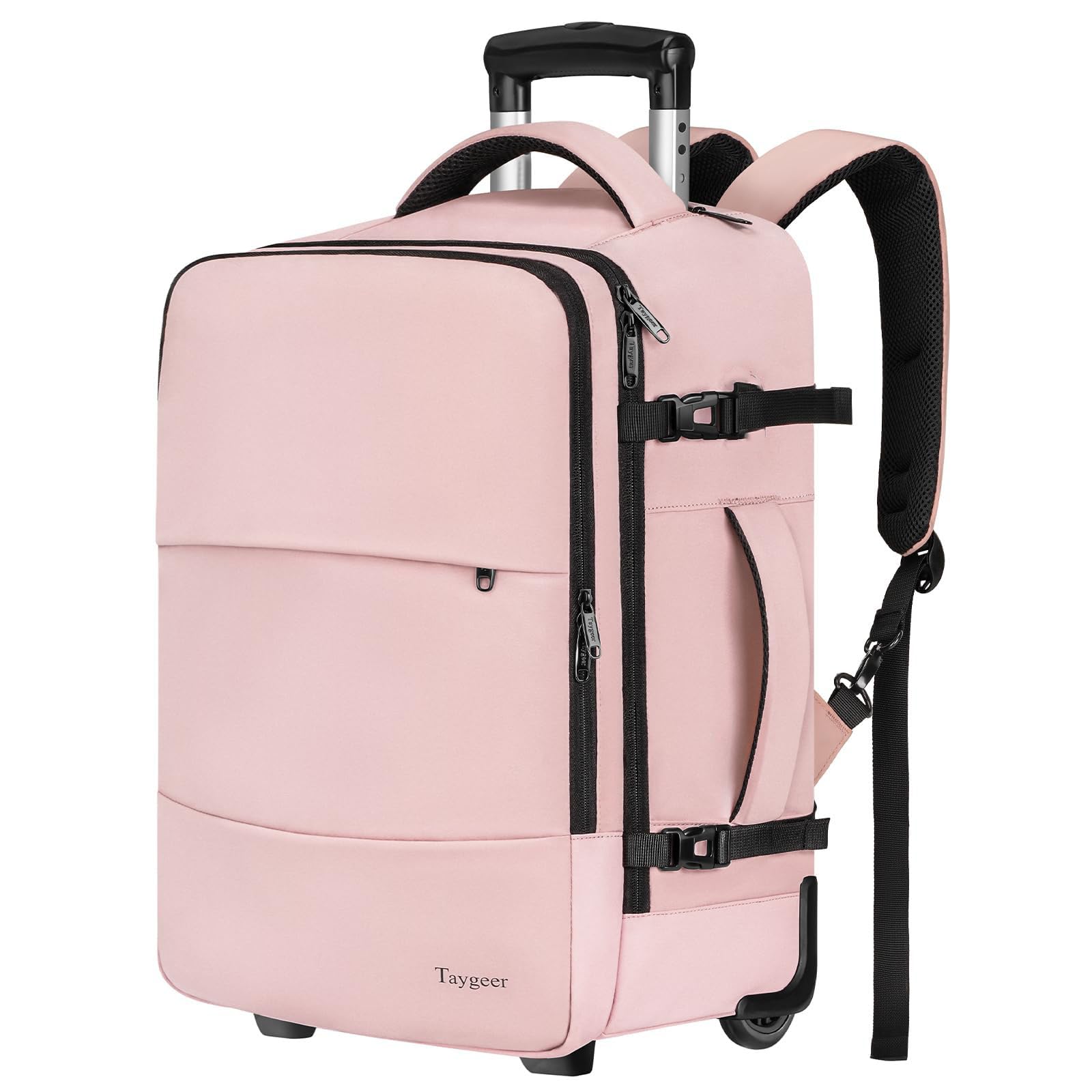 Taygeer Rolling Backpack for women, 17 inch Travel Laptop Backpack with Wheels & Shoe Pouch, Large Wheeled Back Pack Carry on Luggage, Overnight College Work Suitcase Bag Roller Mochila Adult, Pink
