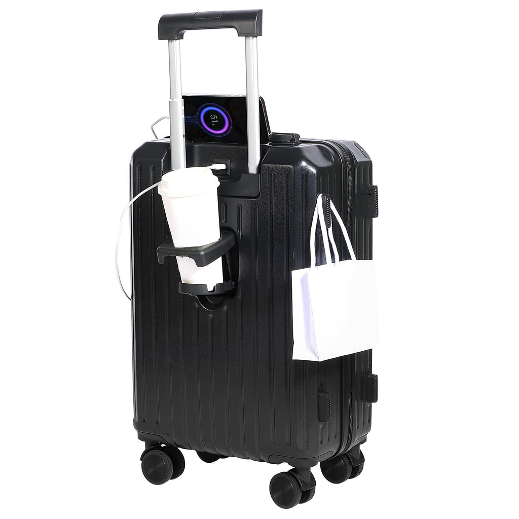 YANQIAO Carry-on Luggage with Cup Holder & USB Charging Port, Hard Side Luggage with Spinner Wheels, Lightweight Luggage for Travel, Business (Black, Carry-On 20-Inch)