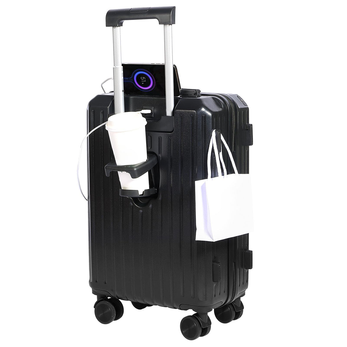 YANQIAO Carry-on Luggage with Cup Holder & USB Charging Port, Hard Side Luggage with Spinner Wheels, Lightweight Luggage for Travel, Business (Black, Carry-On 20-Inch)