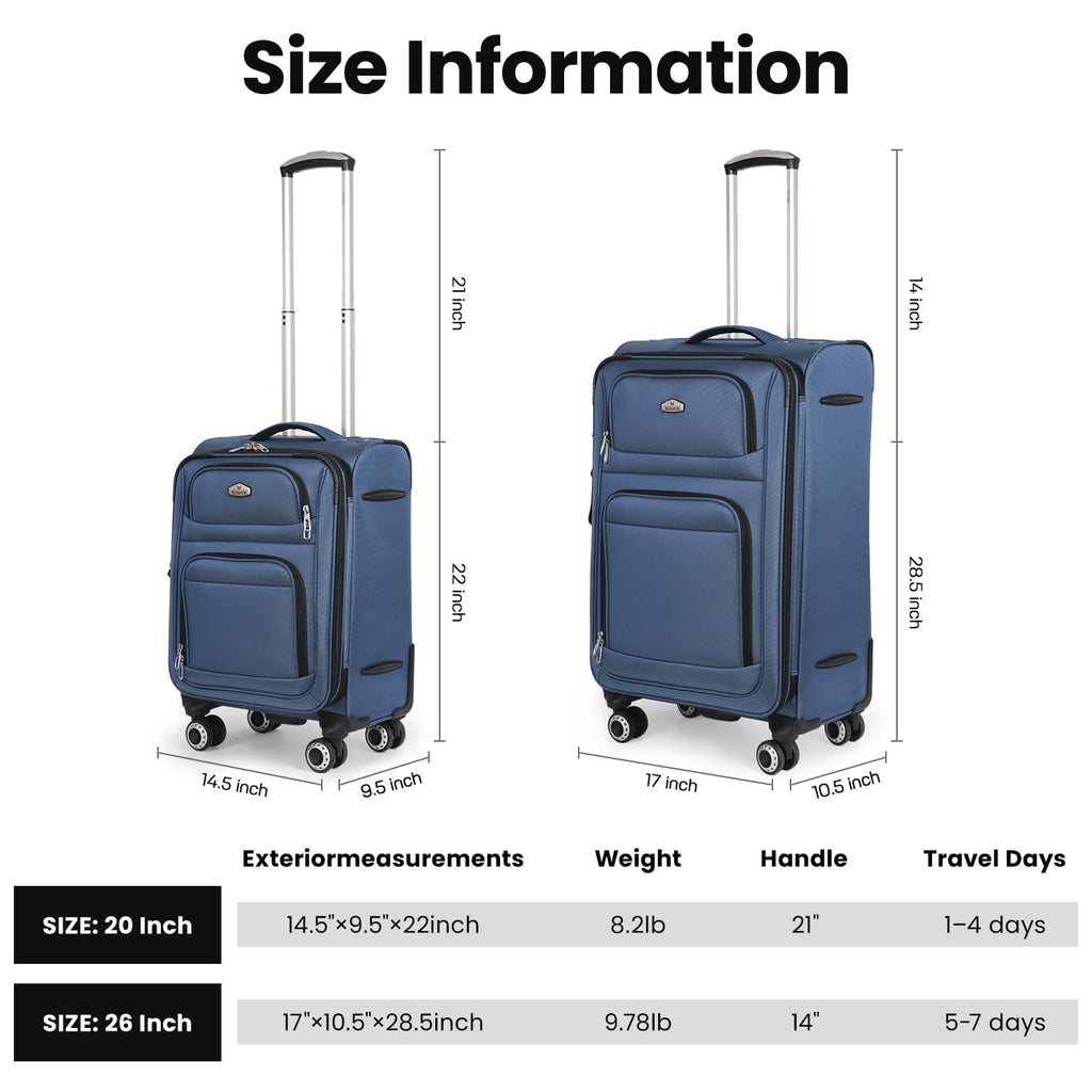 New York XPress Softside Luggage Sets 2 Piece,Expandable15% Lightweight Durable Suitcase Sets Double Spinner Wheels w/Combination LOCK （Blue,20in/26in）