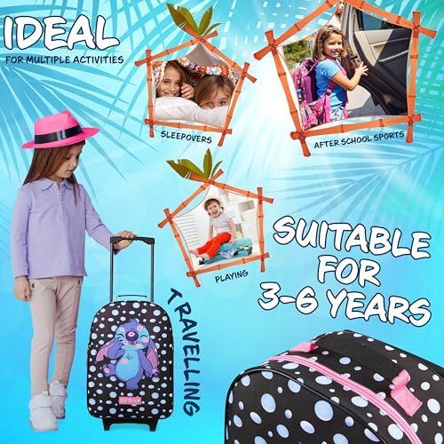 Disney Kids Rolling Luggage 16.0×11.6 in, 16‑L Carry‑On Suitcase with Wheels, Foldable Lightweight Travel Bag, Gifts for Kids (Black Stitch)