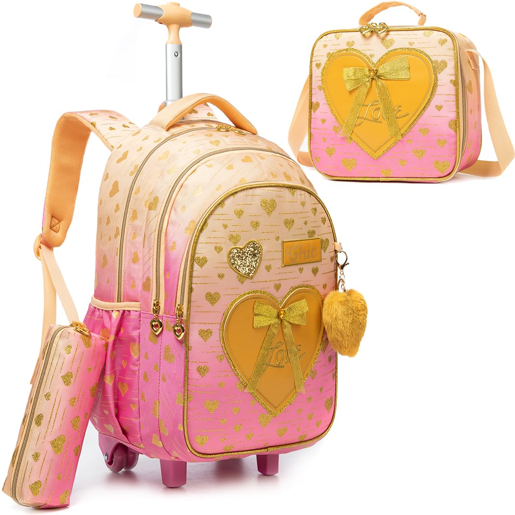 Meetbelify Rolling Backpack for Girls Kids Backpacks with Wheels for Elementary Students Girls Carry on Backpack with Lunch Box 3 in 1 Travel Suitcase Trip Luggage for Kids Ages 6-8