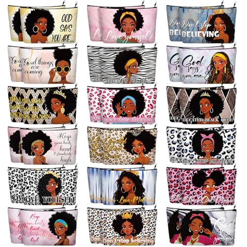 Abbylike 36 Pcs African American Makeup Bags Bulk Gifts Bulk Women Inspirational Afro Toiletry Canvas Cosmetic Bags Zipper Pouches for Travel Women Gifts 18 Styles