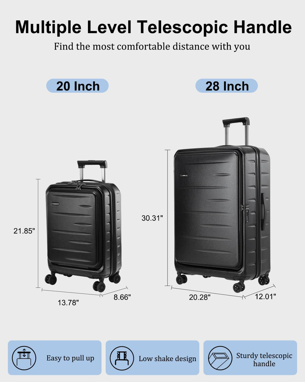 CENSIEN Luggage Sets 2 Pieces, 20 Inch Carry On Luggage and Expandable 28 Inch Checked Luggage with Spinner Wheels, Lightweight ABS+PC Hard Shell Suitcase with Front Opening, TSA Lock (Black, 20/28)