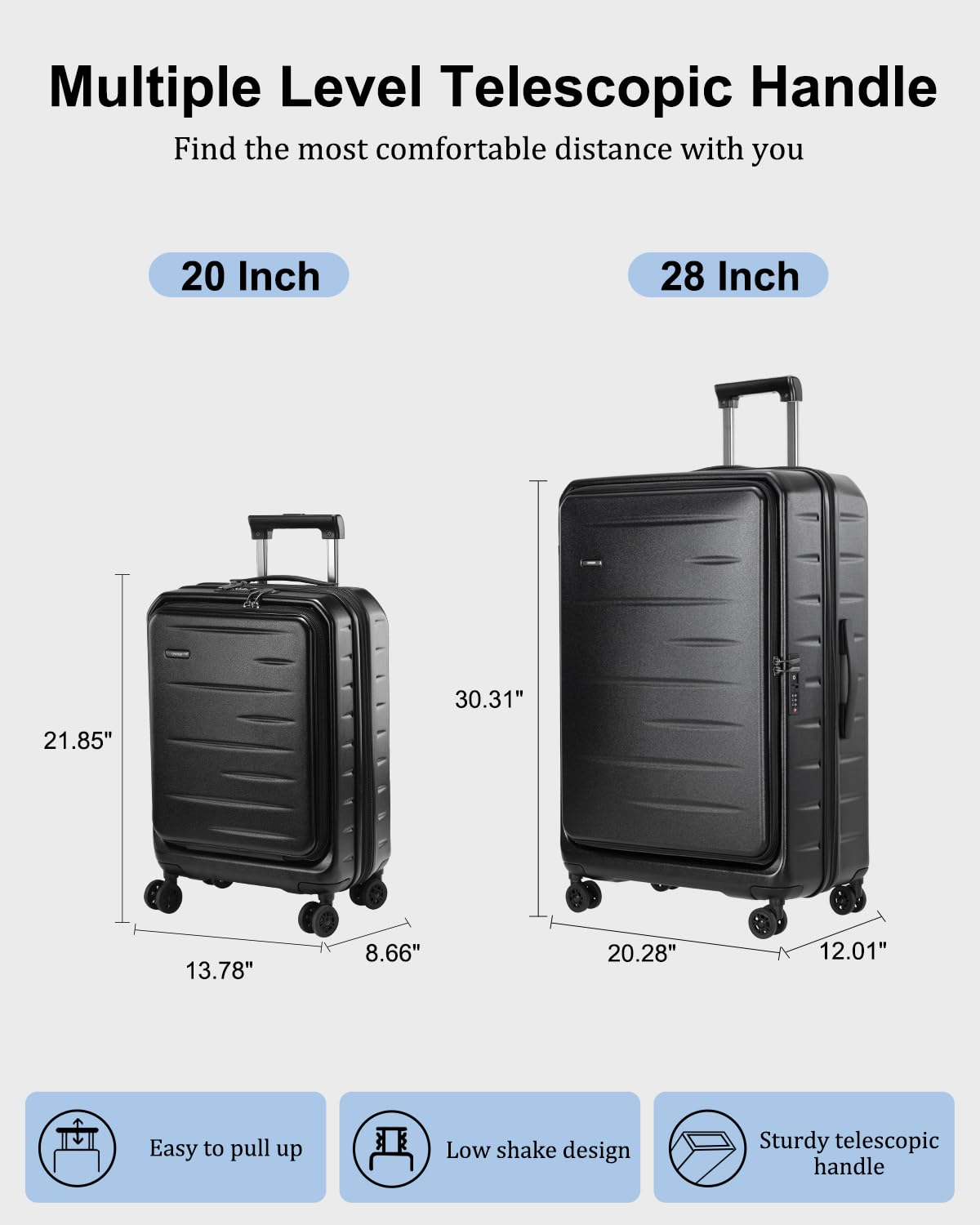 CENSIEN Luggage Sets 2 Pieces, 20 Inch Carry On Luggage and Expandable 28 Inch Checked Luggage with Spinner Wheels, Lightweight ABS+PC Hard Shell Suitcase with Front Opening, TSA Lock (Black, 20/28)