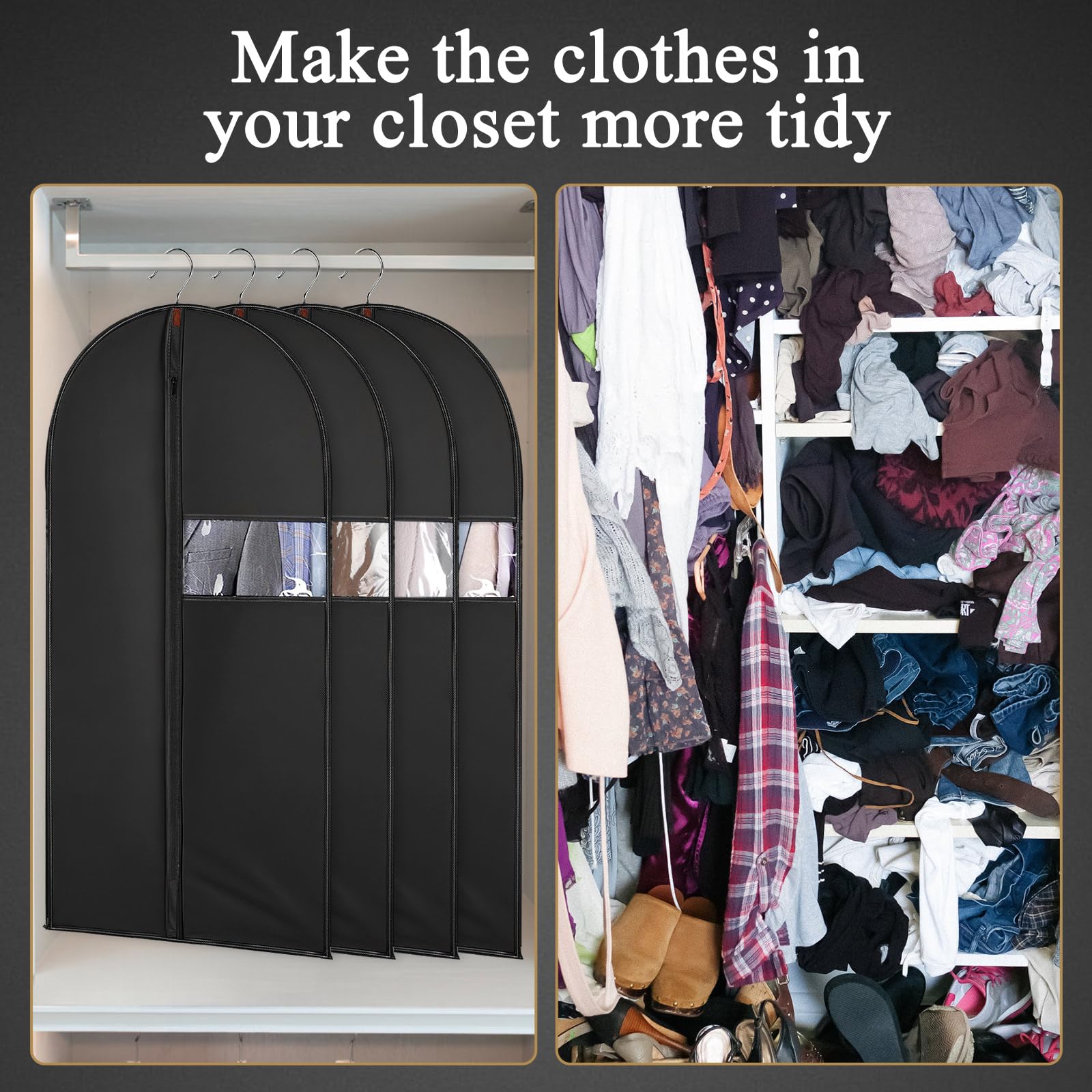 62 - Inch Garment Bags Covers,Hanging Clothes Bag, Suit Cover Bags with Clear Window for Hanging Closet Clothes Storage and Travel (Black)