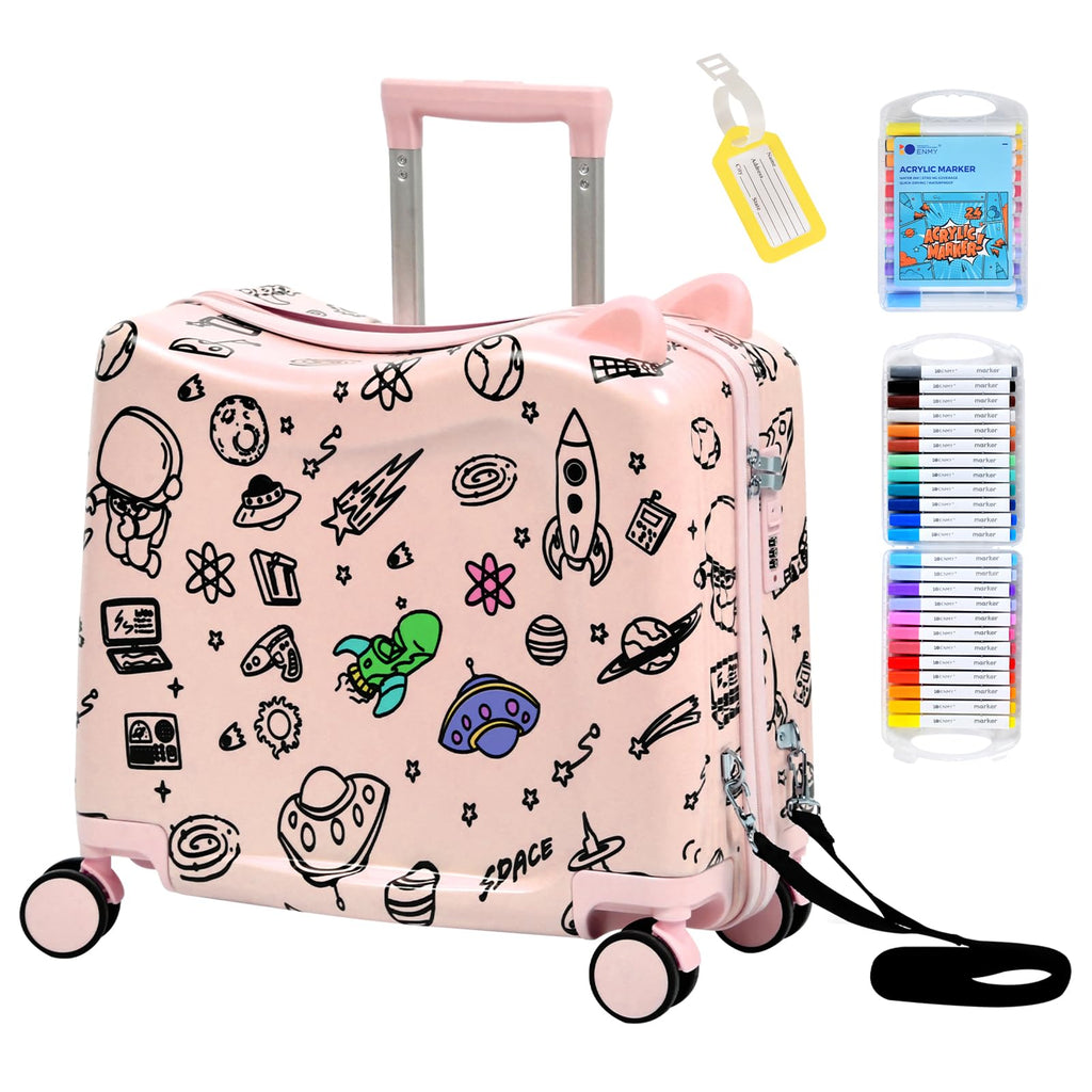 Kids Ride-On Suitcase with Cute Ears, DIY Graffiti Coloring Design, 20" Carry-On Luggage with 4 Spinner Wheels, Pull Rope & Combination Lock – Rideable Travel Case for Toddlers & Children(Pink)