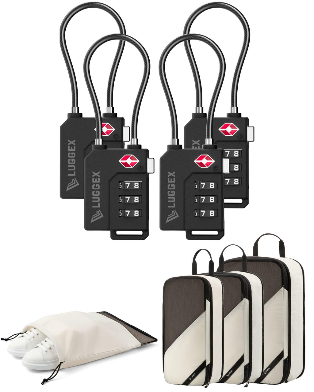 LUGGEX TSA Locks and 4 Set Compression Packing Cubes for Luggage Bundle – Travel Accessories