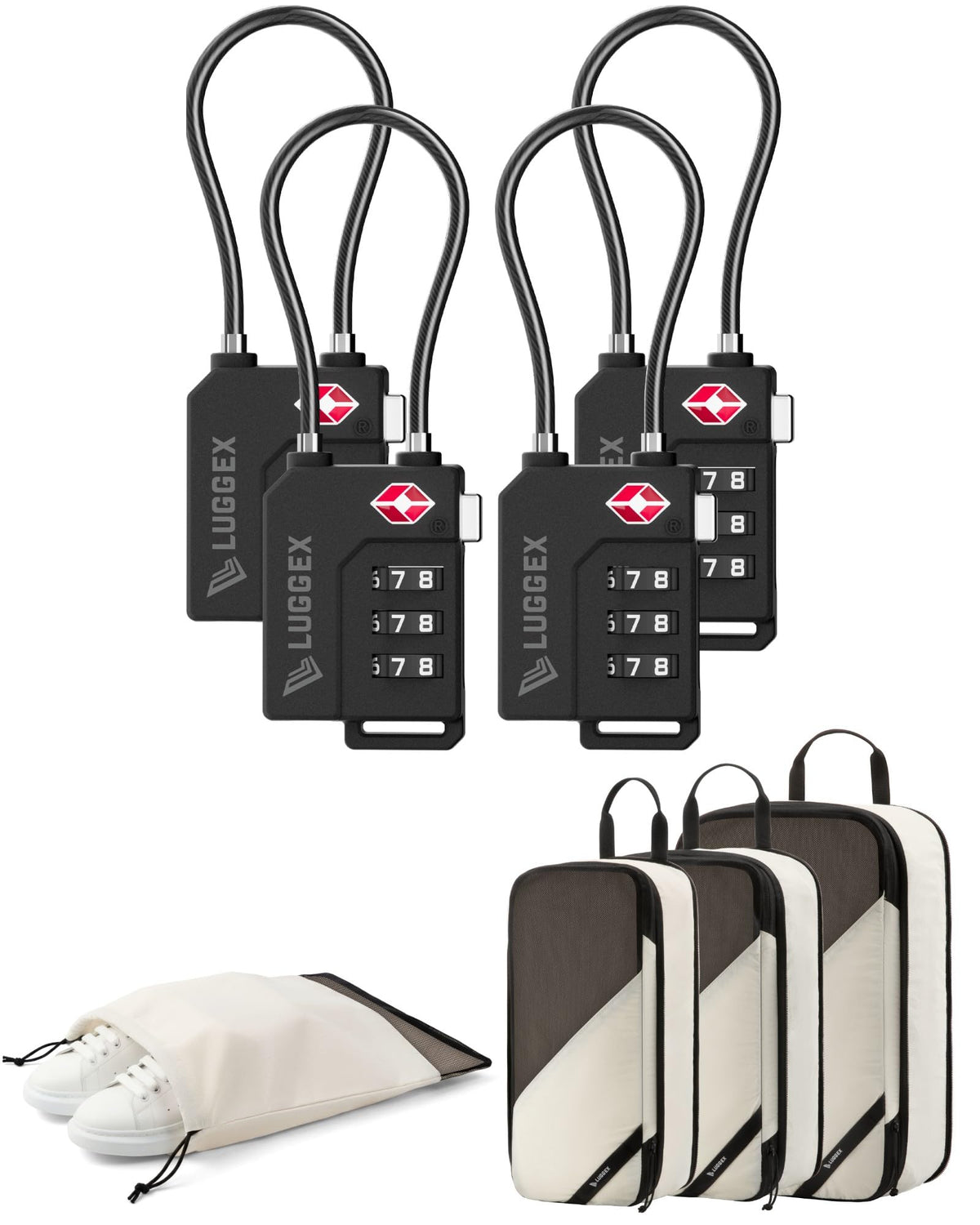 LUGGEX TSA Locks and 4 Set Compression Packing Cubes for Luggage Bundle – Travel Accessories