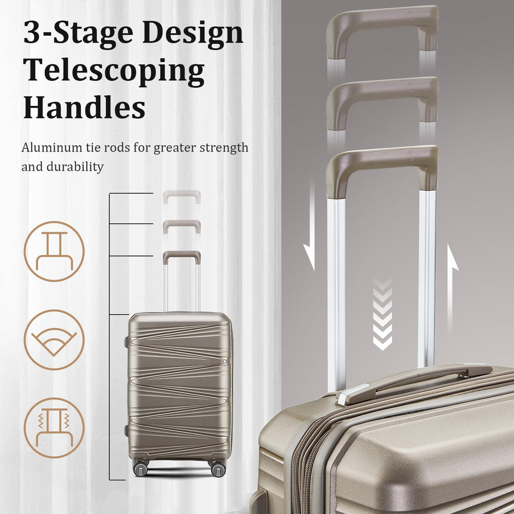 TRAVELEO 4 Piece Luggage Set PP Hardshell, Expandable Suitcase Set (20/24/28) with 14" Cosmetic Case, Lightweight Spinner Wheels with TSA Lock, Detachable Wheels for Nesting Storage (Champagne)