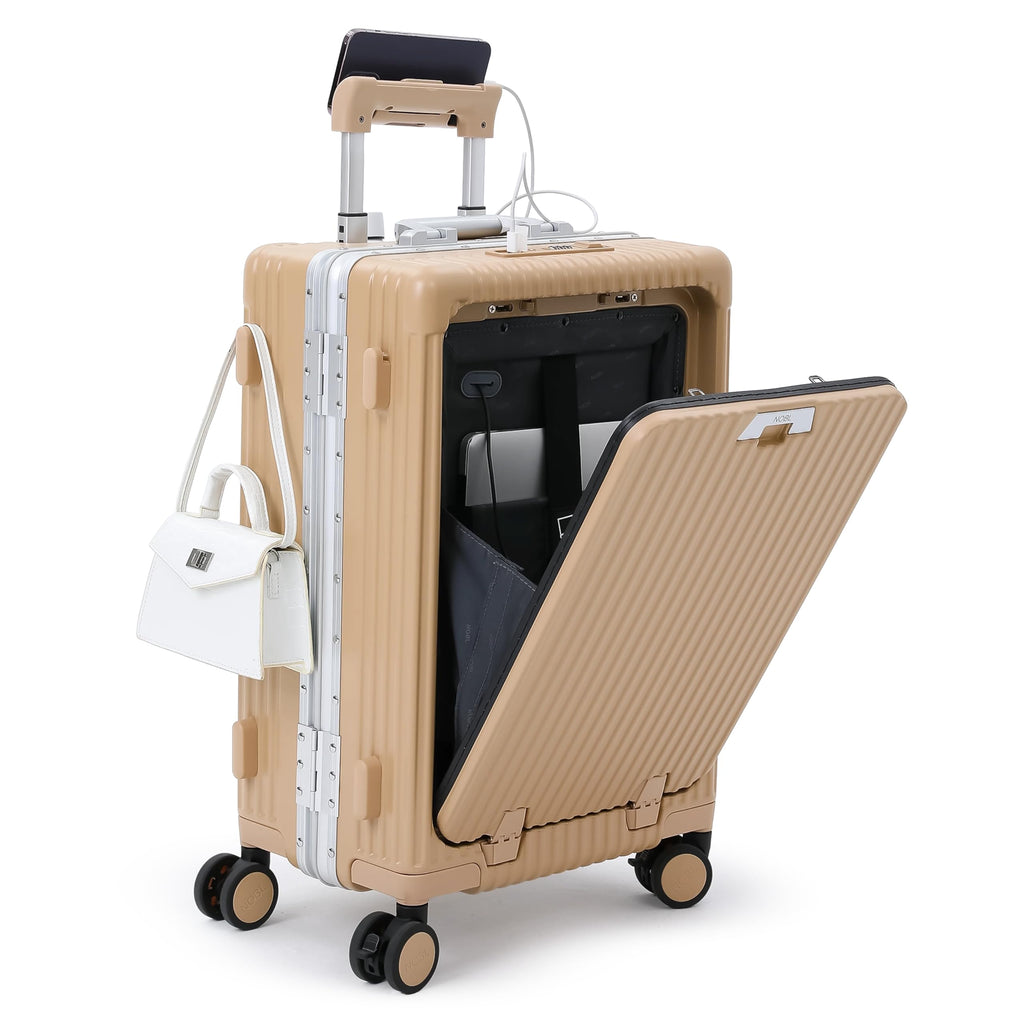 Nobl Travel Carry On Luggage, Noble Zipperless Aluminum Frame PC Hard Shell Suitcase, 22.5"x15"x9.5" Airline Approved, 360° Spinner Wheels, TSA Locks, USB Charging Port, Cup & Phone Holder - Caramel