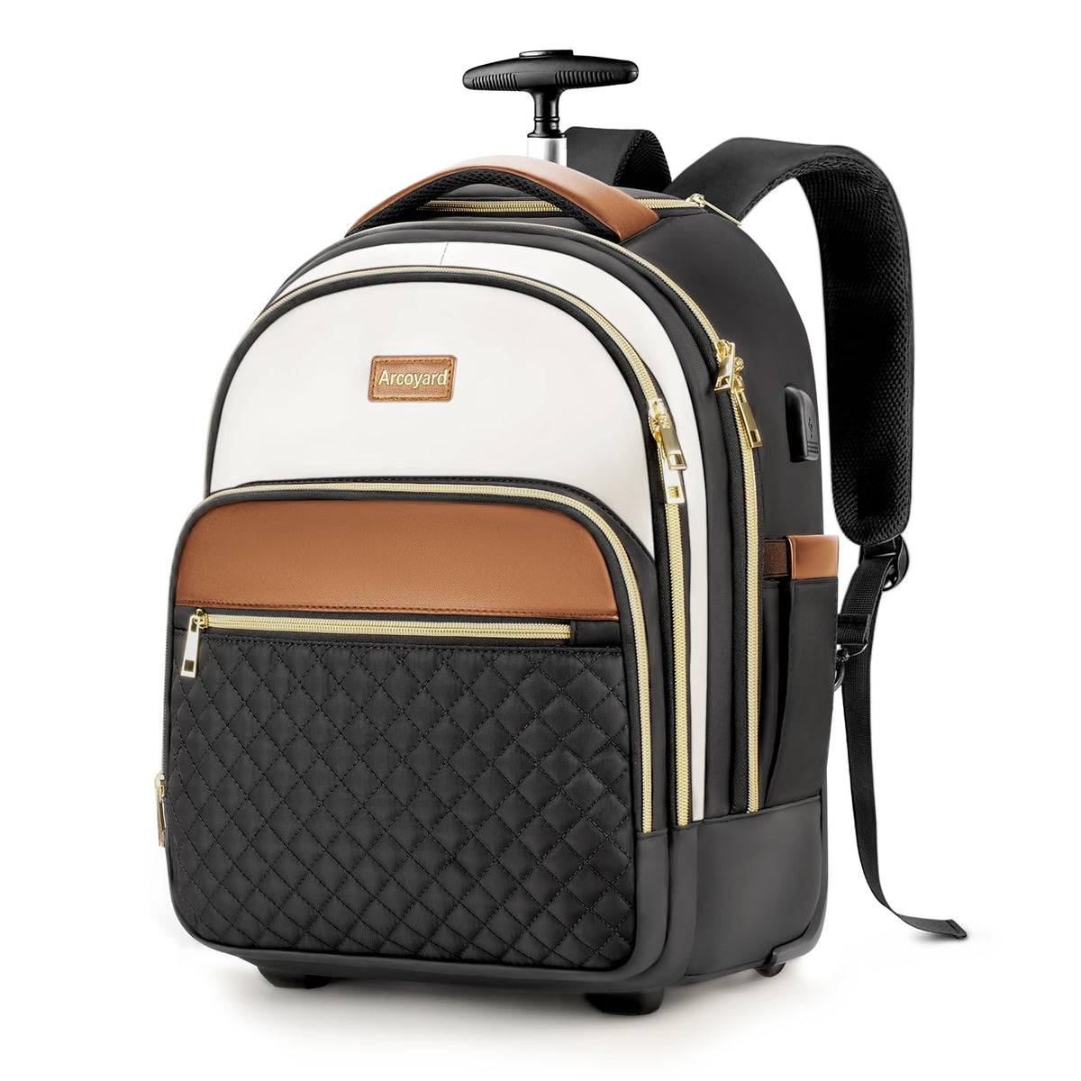 Arcoyard Small Rolling Backpack for Women, Lightweight Travel Backpack with Wheels, Roller Backpacks for Adults, Water Resistant Rolling Laptop Bag, Wheeled Underseat Carry On Luggage, Beige Brown