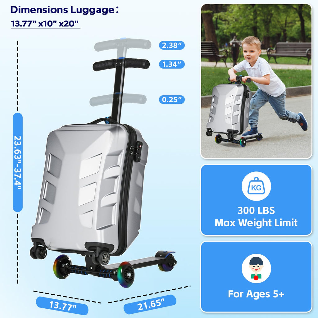 Scooter Suitcase for Kids & Adults，3-D Hardshell Ride On Scooter Luggage with Led Light Up Wheels，TSA Lock，Lightweight Foldable Carry On Rideable Suitcase for Children Teenagers (Silver, 21-inch)