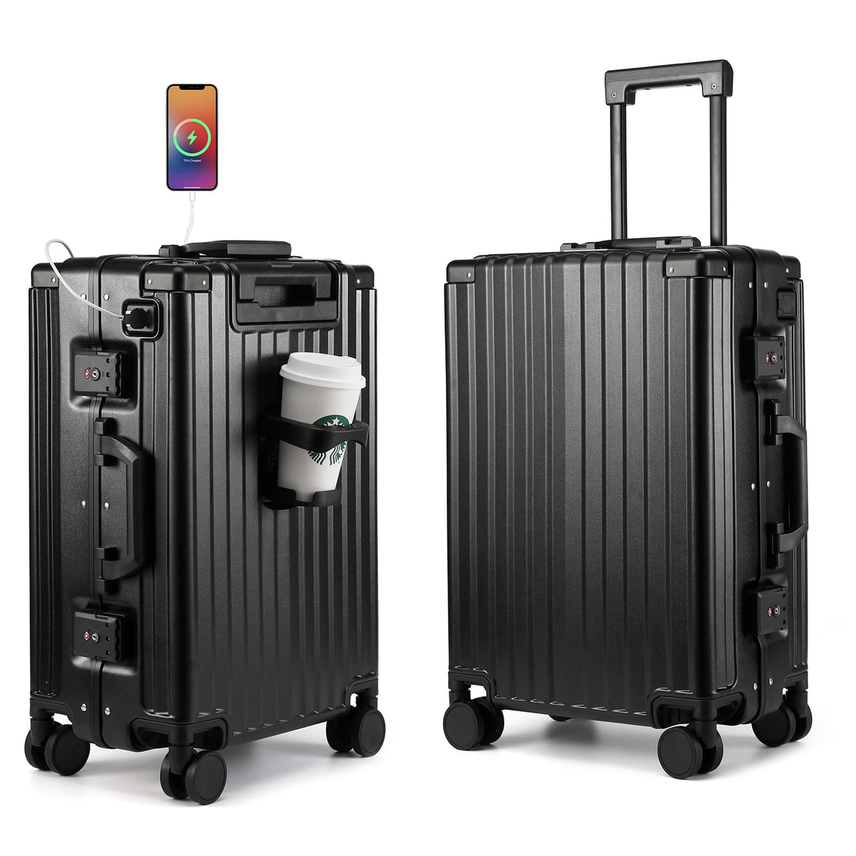 MYER Hard Case 24 Inch Checked Luggage with Spinner Wheels,Aluminum Luggage with 100% 3-Layer PC,Hard Shell Suitcases with Wheels,Cup Holder and USB Port (Classic Black, 24 inch)