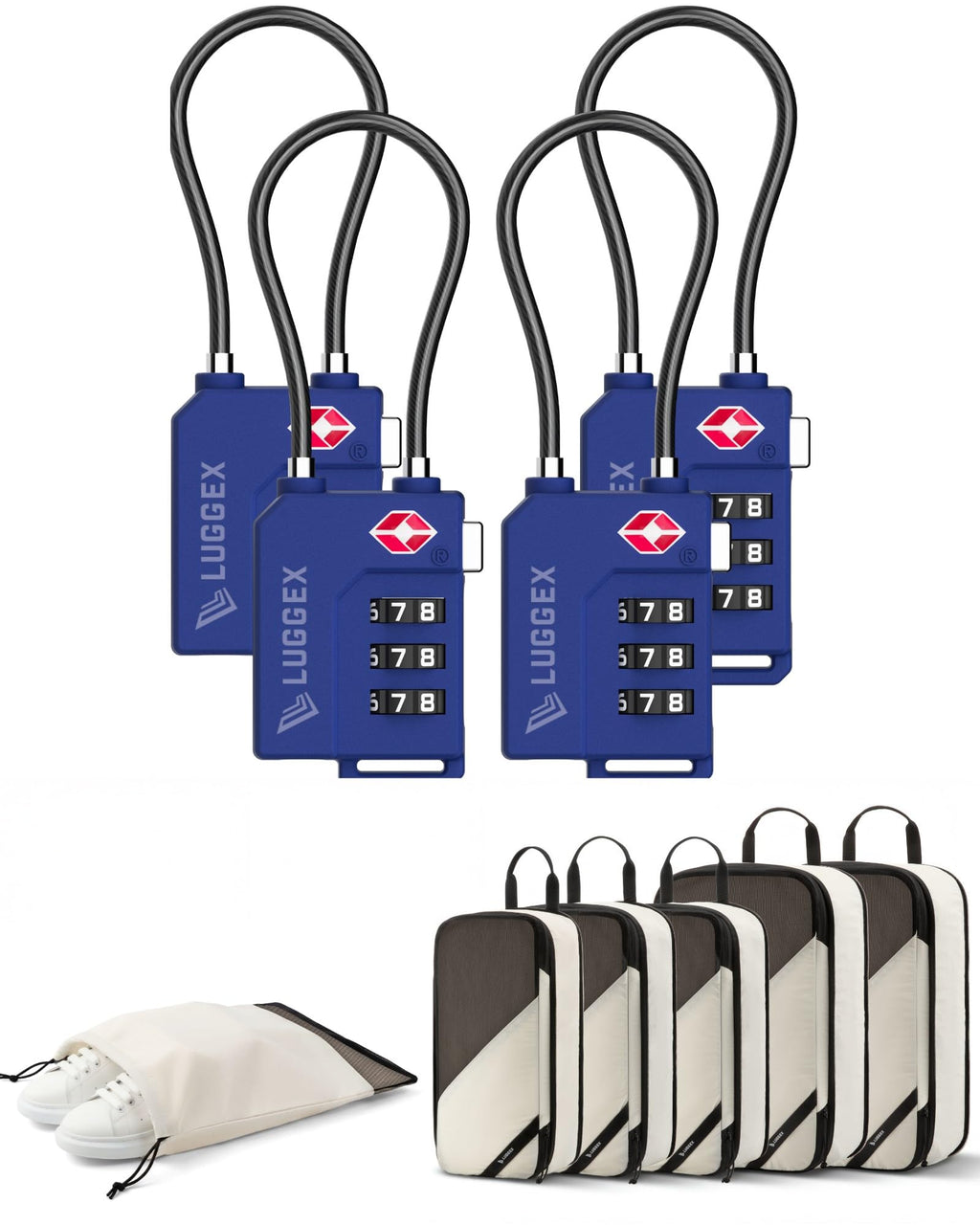 LUGGEX TSA Locks and 6 Set Compression Packing Cubes for Luggage Bundle – Travel Accessories