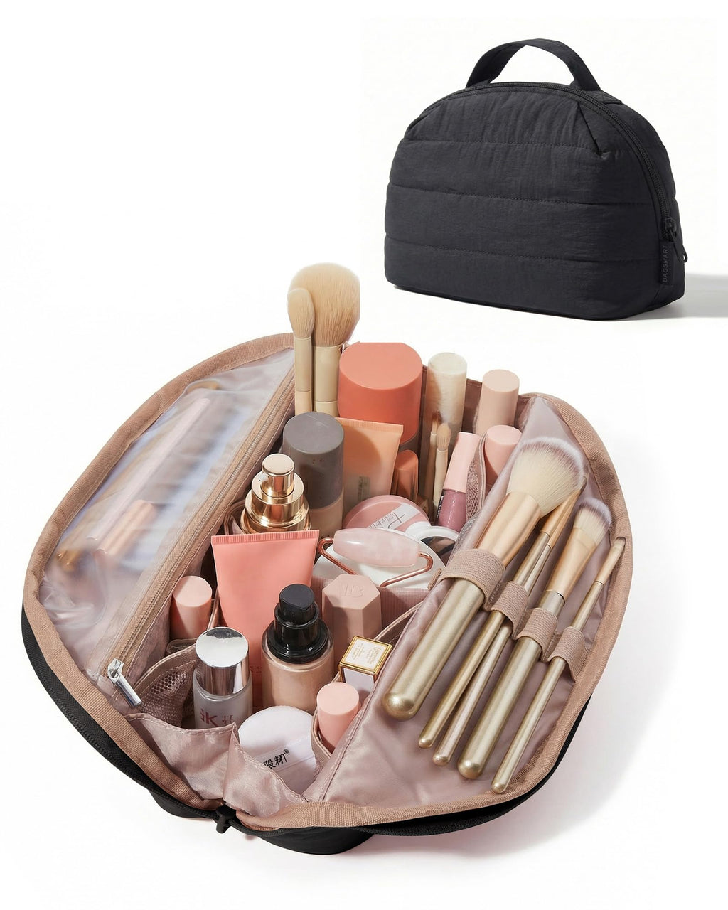 BAGSMART Travel Makeup Bag for Women, Portable Fold-down Cosmetic Case, Puffy Padded Make Up Organizer Pouch, Water-resistant Toiletry Bag for Toiletries, Brushes, Black
