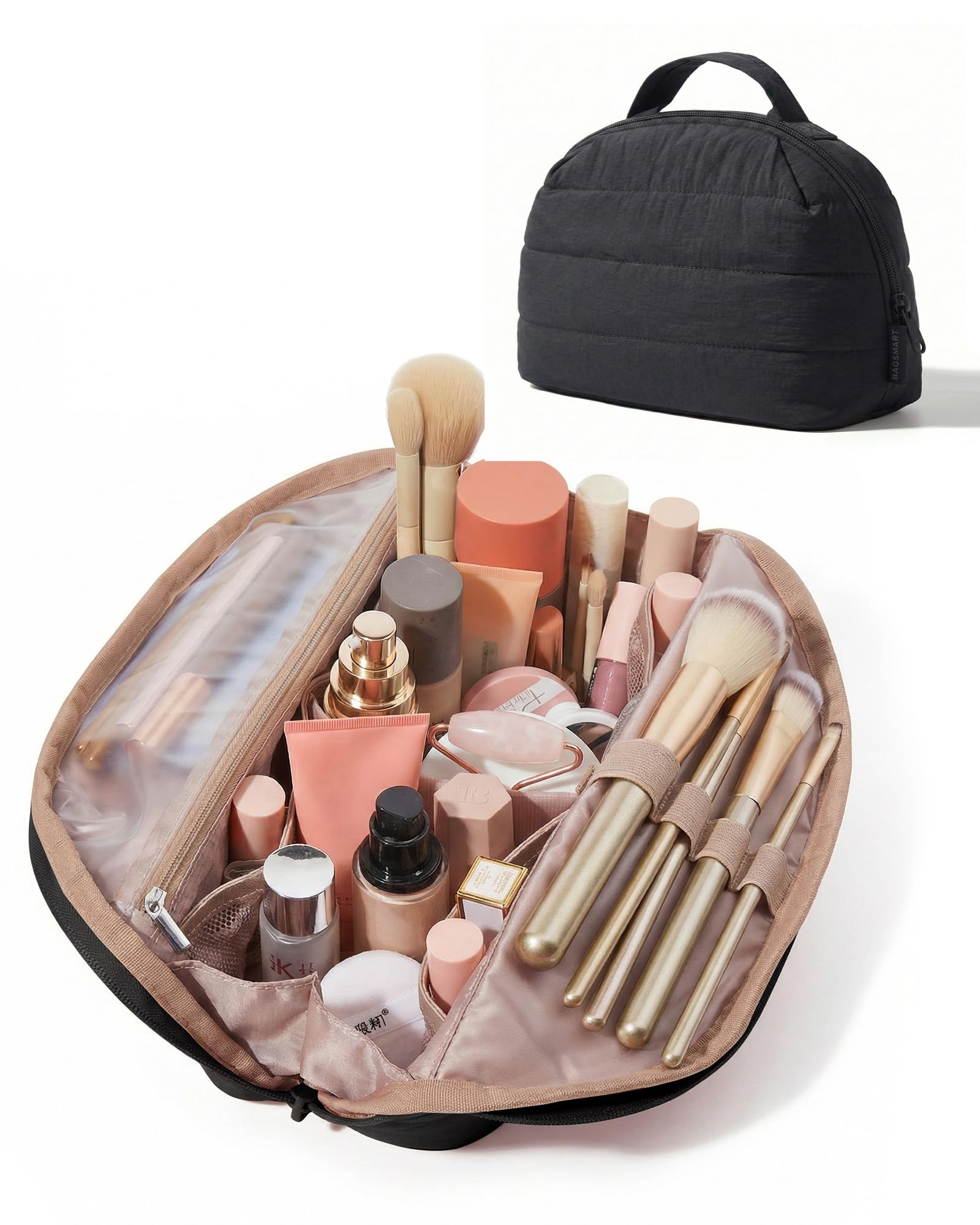 BAGSMART Travel Makeup Bag for Women, Portable Fold-down Cosmetic Case, Puffy Padded Make Up Organizer Pouch, Water-resistant Toiletry Bag for Toiletries, Brushes, Black