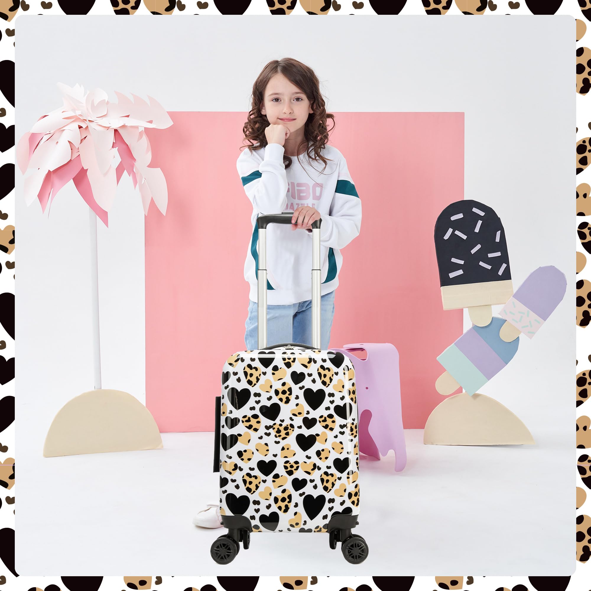 Inprof Kids Luggage with Spinner Wheels Carry on Suitcases for Girls 2 Piece Luggage Sets 16" Toddler Suitcase for Kids Rolling Suitcase Airline Approved (Brown Leopard)