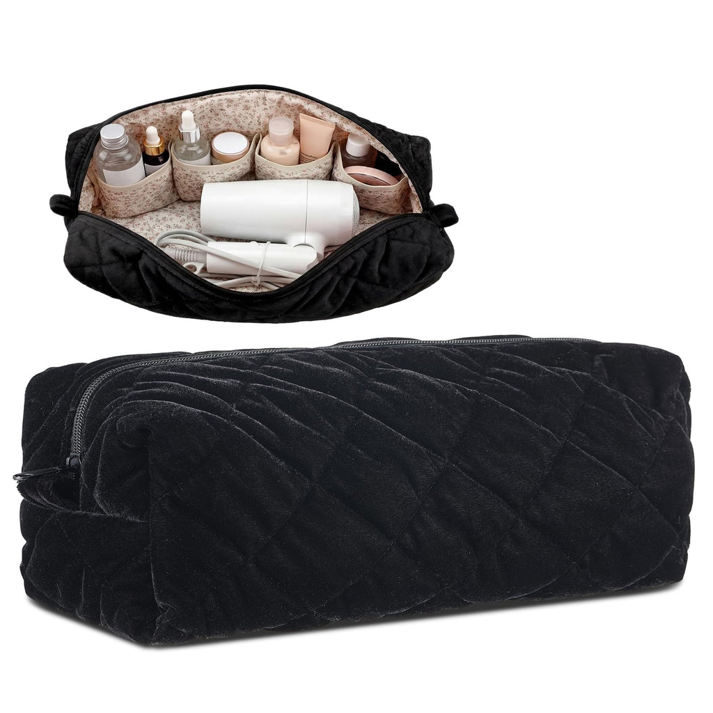 Hushee Black Velvet Makeup Bag Large Capacity Quilted Floral Cosmetic Bag for Women Cute Travel Zipper Toiletry Pouch Preppy Hair Tools Organizer Purse Clutch, 13.4" x 5.2" x 5.2"