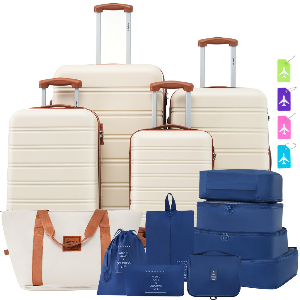 Merax Luggage sets of 13 Piece 16 20 24 28 IN Carry on Luggage sets 4 piece Hardcase White and Brown Luggage Expandable Suitcase Set with Wheels