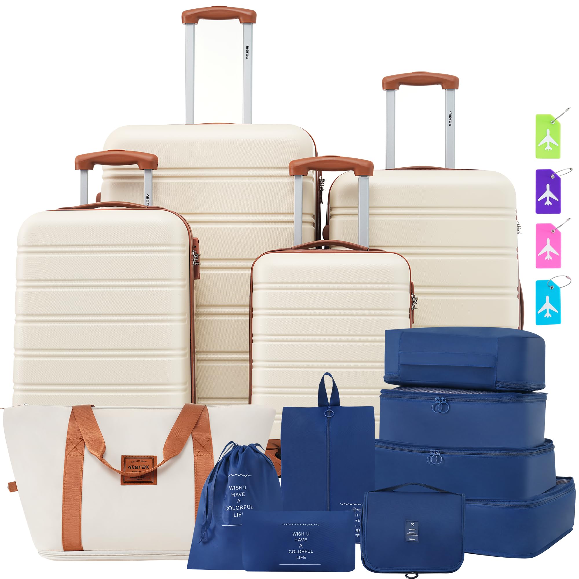 Merax Luggage sets of 13 Piece 16 20 24 28 IN Carry on Luggage sets 4 piece Hardcase White and Brown Luggage Expandable Suitcase Set with Wheels