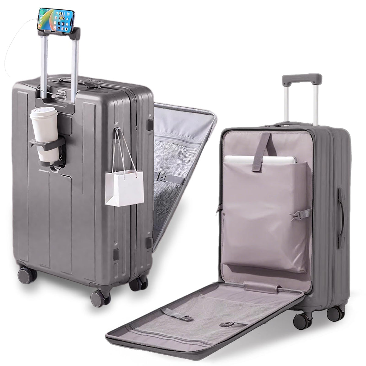 Gets Carry on Luggage Airline Approved,20 Inch Abs+Pc Hardshell Spinner Luggage With Cup Phone Holder and USB Charger,Front Pocket Durable Suitcase for Women Men-Grey