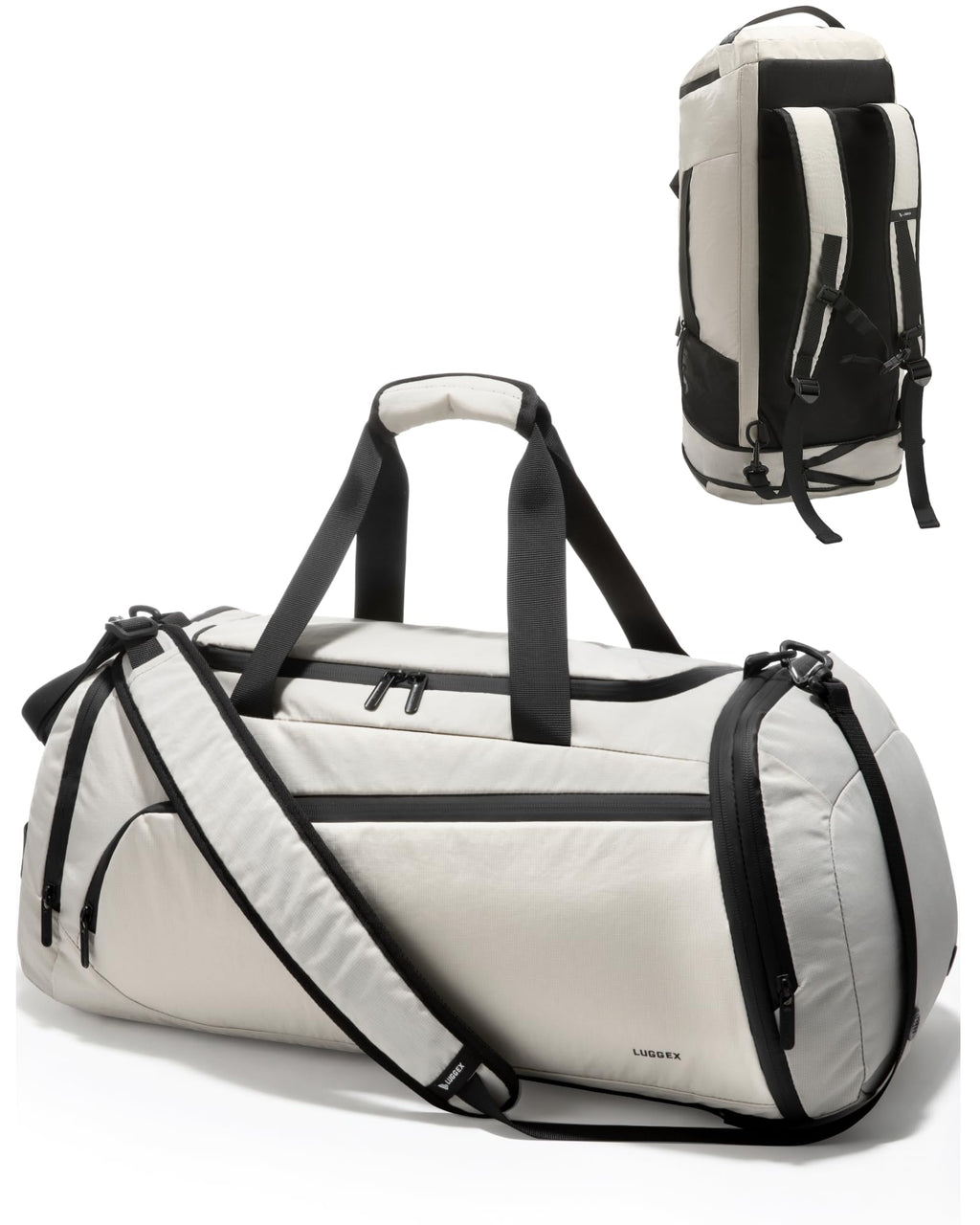 LUGGEX Gym Duffle Bag for Women Men, TDX01 Expandable Sports Gym Bag with Shoe Compartment, Wet Pocket, Water-Resistant Travel Duffel Bags Carry On Duffel Bag Backpack (TDX-Pro, Ivory, 40L)