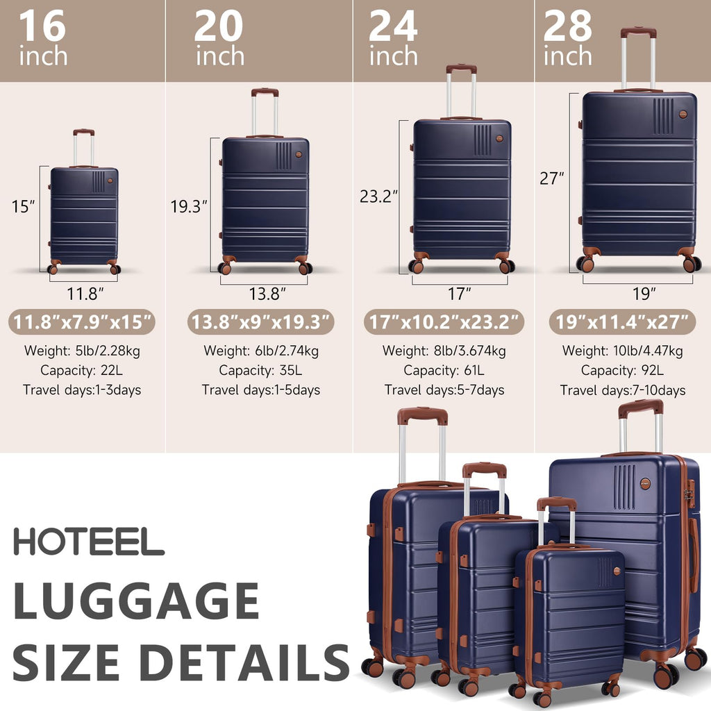 Hoteel Luggage Sets 4 Piece, 4-Yr Warranty Durable Suitcase Dual-Spinner Wheel TSA Lock, Lightweight Travel Hardshell PC+ABS Carry on Luggage for Men&Women, Navy(16/20/24/28 inch)