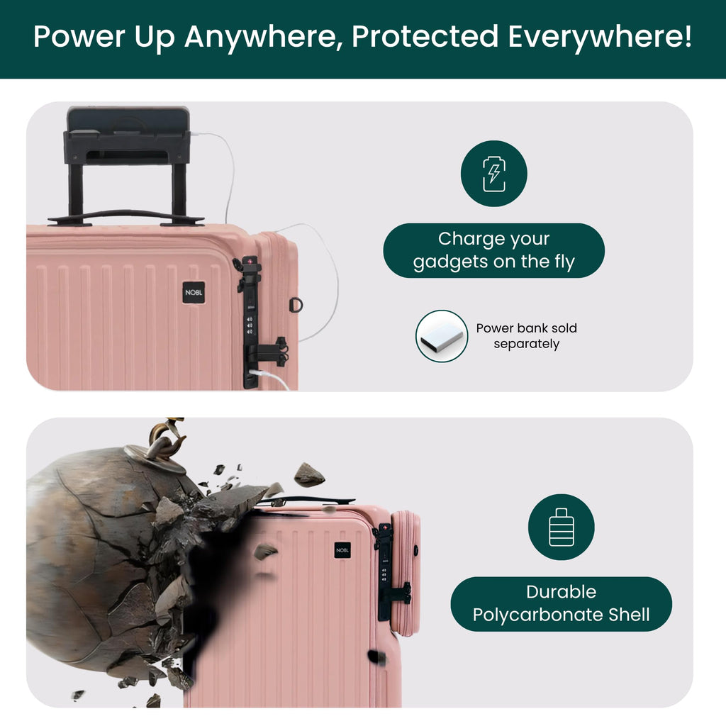 NOBL Duo Carry Carry-On Luggage with Detachable Side Bag, 22.1x14.6x10.5 Airline Approved, Noble Zipperless PC Hard Shell Suitcase & Crossbody, 360° Spinner Wheels, TSA Locks, USB Port - Blush