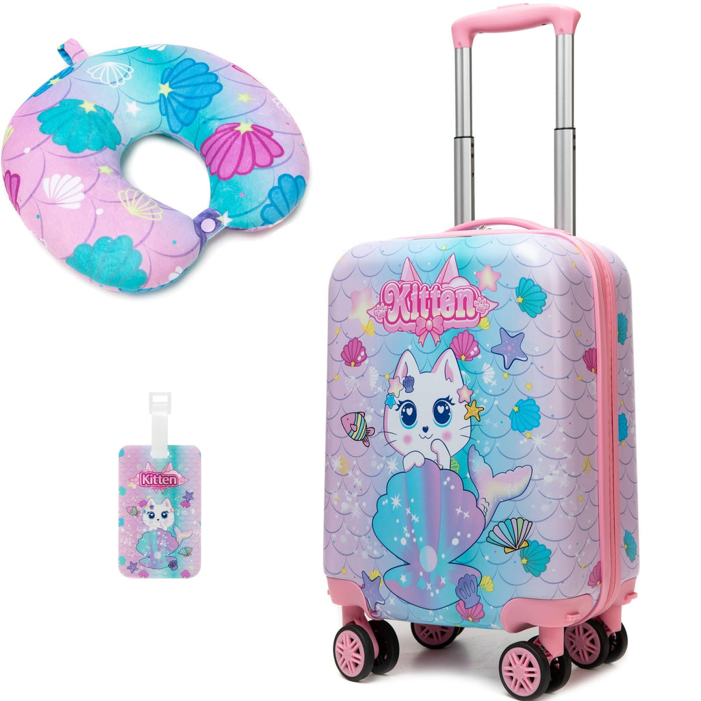 Homskiii Cute Cat Kid’s Luggage Set 2 Piece Suitcase Set 16" Hardside Luggage with Spinner Wheels Girls Carry on Toddler Travel Rolling Luggage Airline Approved