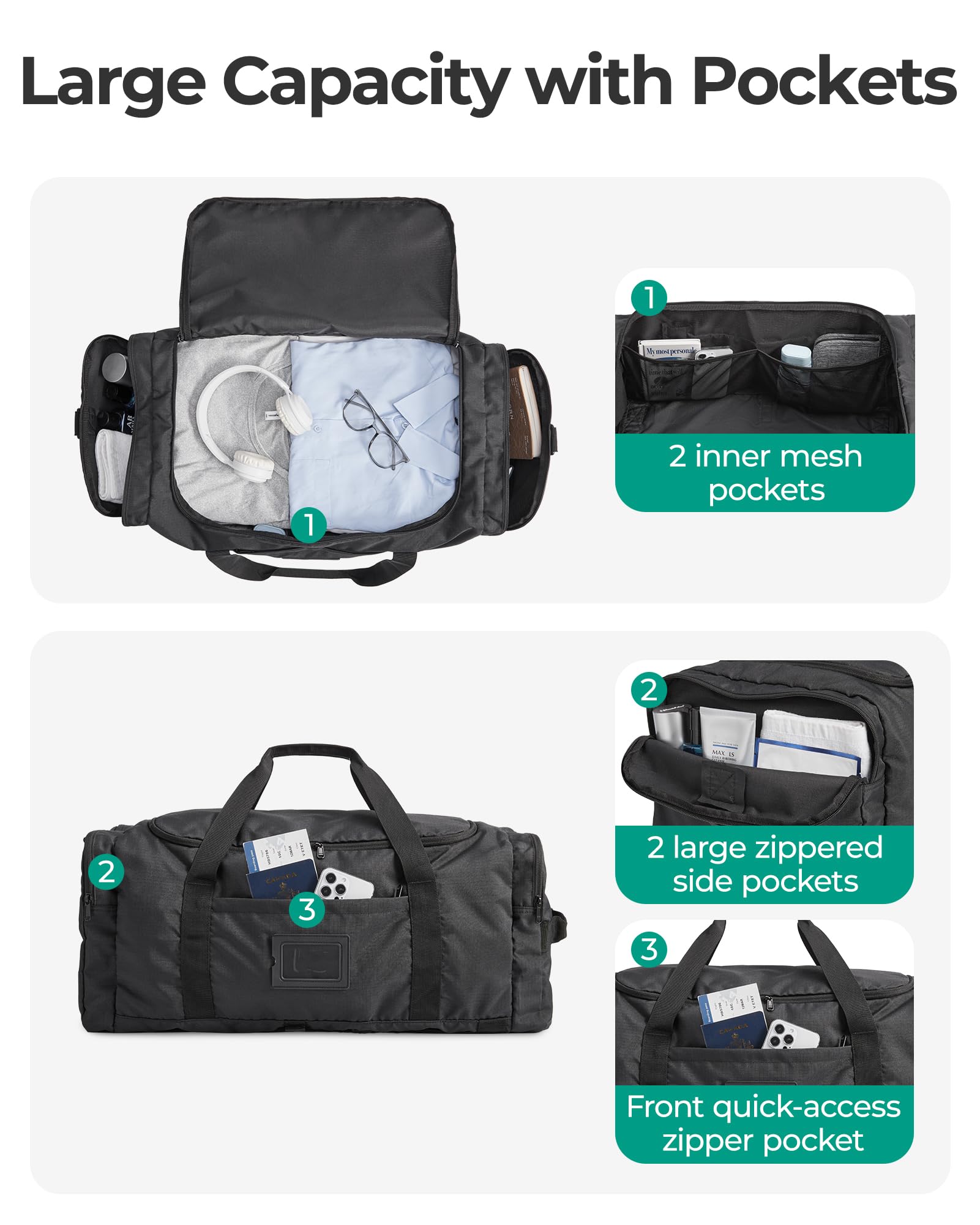 BAGSAMRT 60L Foldable Duffle Bag for Travel, Large Travel Duffel Bag for Men, 4 in 1 Travel Backpack, Carry on Weekender Bag, Black
