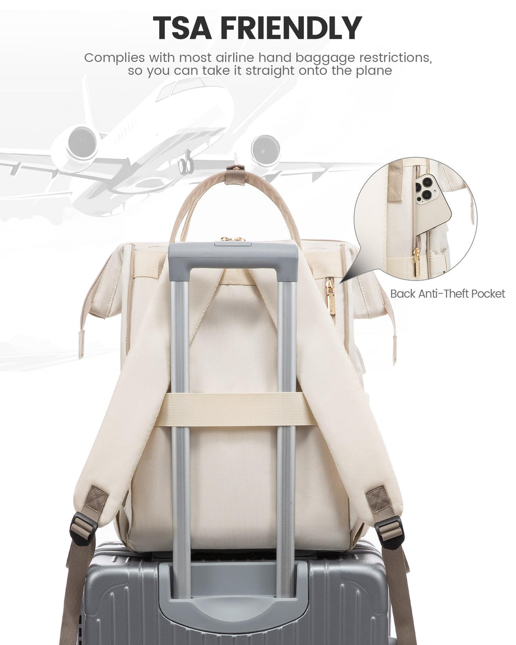 LOVEVOOK Laptop Backpack for Women 15.6 Inch, Travel Backpack with USB Charging Port Large Capacity Laptop Bag, Waterproof Bag for Business College Airline Approved Work Backpack(Beige)