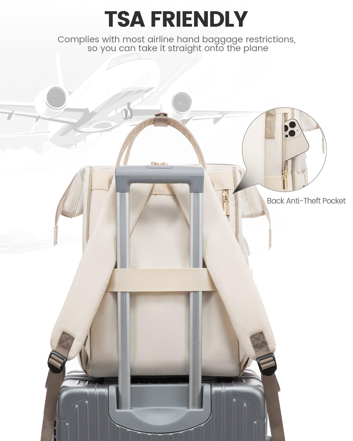 LOVEVOOK Laptop Backpack for Women 15.6 Inch, Travel Backpack with USB Charging Port Large Capacity Laptop Bag, Waterproof Bag for Business College Airline Approved Work Backpack(Beige)