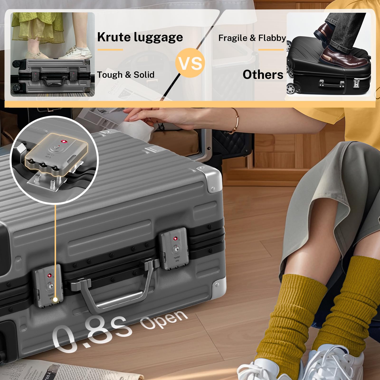 Krute Zipperless Luggage 24 Inch Aluminum Frame Suitcase with Spinner Wheels PC+ABS Hardide Checked Luggage TSA Approved